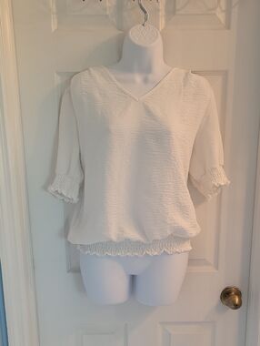 V-Neck White Textured Blouse with Ruching